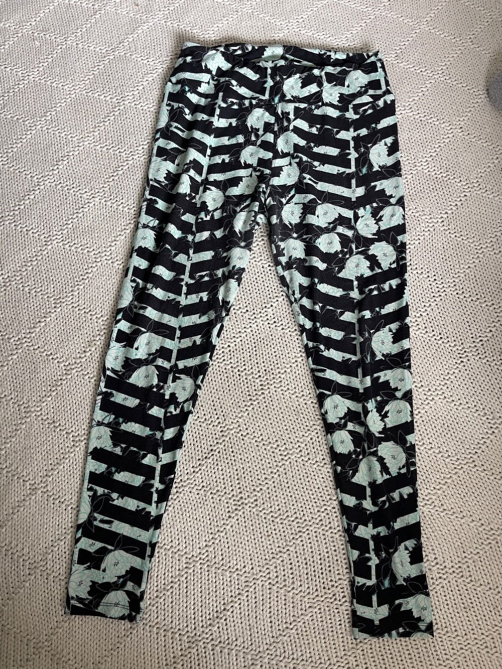 LuLaRoe Black Mint Floral Stripe Leggings Tall Curvy Buttery Soft TC